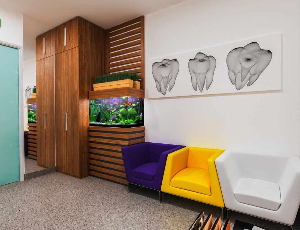 dental office waiting room with aquarium front