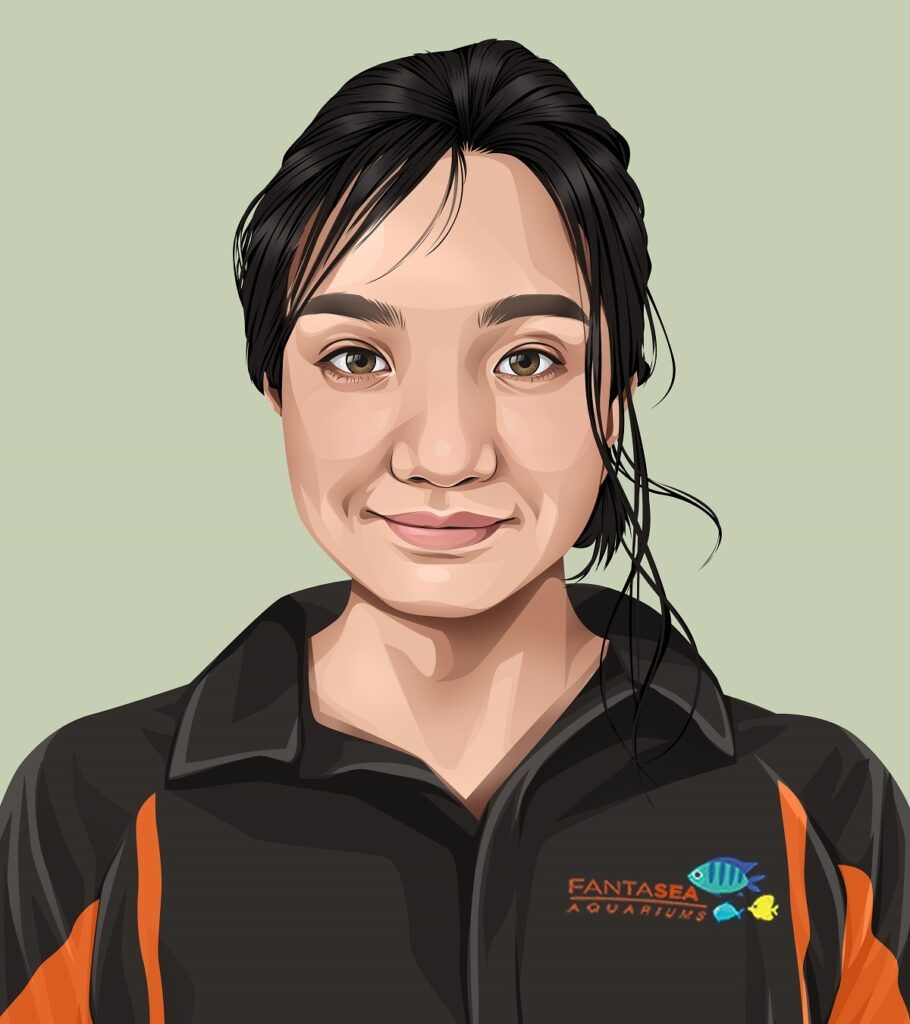 Cartoon image of Elibeth Bagingao, customer care coordinator at FantaSEA Aquariums
